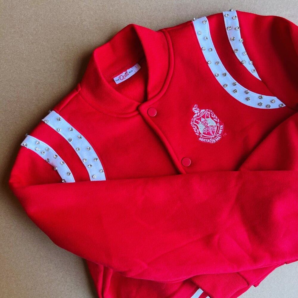 SOLD Red Embellished Varsity Jacket | Delta Sigma Theta | NWOT | Cropped Bomber - Picture 3 of 7